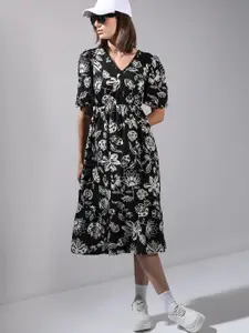 Vero Moda Cotton Floral Printed Puff Sleeve Fit & Flare Midi Dress