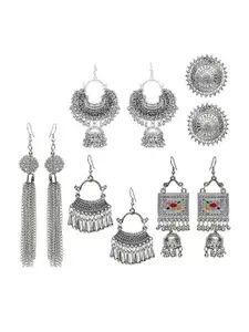 JMBW INTERNATIONAL Pack Of 10 Silver Plated Artificial Beads Contemporary Jhumkas Earrings