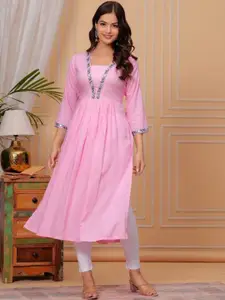 JALTHER Square Neck Floral Embroidered Thread Work Pleated A-Line Kurta