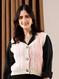 Stylecast X Kotty Women Printed Sleeveless Crop Cardigan Sweater