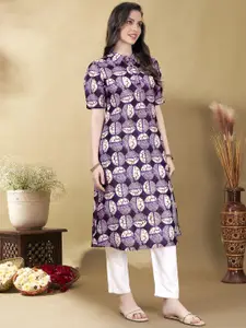 Anouk Violet Abstract Printed Shirt Collar Straight Kurta