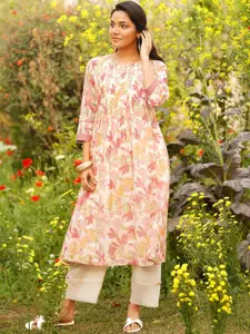 JAYPORE Round Neck Floral Printed Pleated Cotton Silk A-Line Kurta