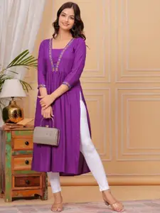 KIAARON Floral Yoke Design Thread Work Square Neck Pleated A-line Naira Cut Kurta