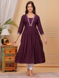 KIAARON Floral Yoke Design Thread Work Square Neck Pleated A-line Naira Cut Kurta