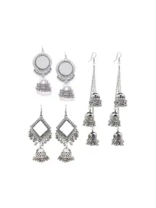 JMBW INTERNATIONAL Pack of 3 Silver Plated Artificial Beads Contemporary Jhumkas Earrings