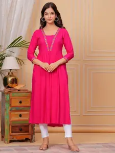 JALTHER Square Neck Floral Embroidered A-Line Pleated Kurta
