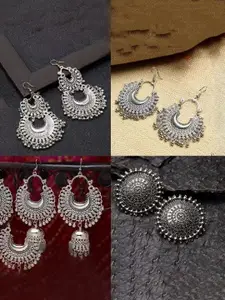 JMBW INTERNATIONAL Set Of 4 Silver Plated Beaded Oxidised Contemporary Drop Earrings