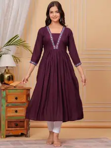 JALTHER Square Neck Floral Embroidered Pleated A-Line Kurta