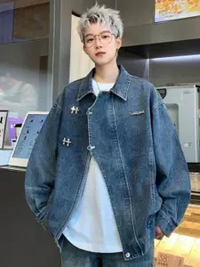 HERE&NOW Men Spread Collar Washed Solid Casual Denim Jacket