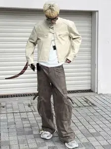 HERE&NOW Men Mandarin Collar Solid Leather Casual Leather Jacket