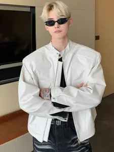 HERE&NOW Men Mandarin Collar Solid Leather Casual Leather Jacket