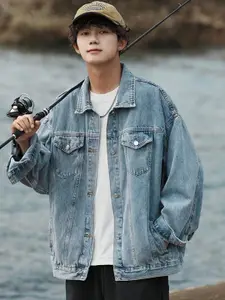 HERE&NOW Men Spread Collar Washed Self Design Casual Denim Jacket