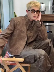 HERE&NOW Men Mock Collar Solid Leather Casual Leather Jacket