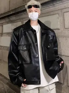 HERE&NOW Men Spread Collar Solid Leather Casual Leather Jacket