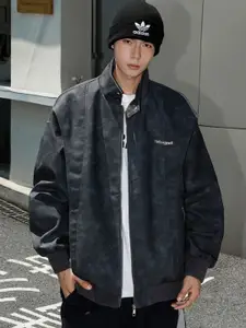 HERE&NOW Men Typography Printed Leather Bomber Jacket