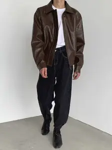 HERE&NOW Men Spread Collar Solid Leather Casual Leather Jacket