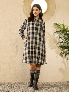 InWeave Checked Cotton A-Line Midi Dress