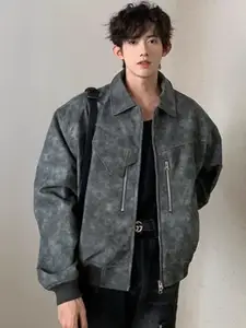 HERE&NOW Men Spread Collar Washed Self Design Casual Bomber Jacket