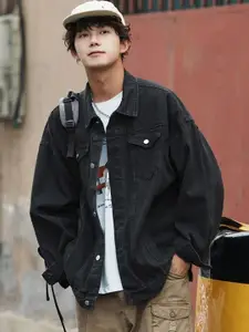 HERE&NOW Men Spread Collar Solid Casual Denim Jacket