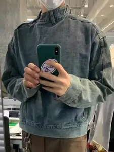 HERE&NOW Men Stand Collar Washed Solid Casual Denim Jacket