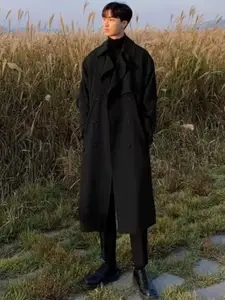 HERE&NOW Men Solid Notched Lapel Collar Overcoat