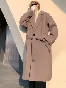 HERE&NOW Men Solid Notched Lapel Collar Overcoat