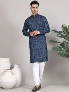 Majestic Man Floral Printed Mandarin Collar Pure Cotton Straight Kurta