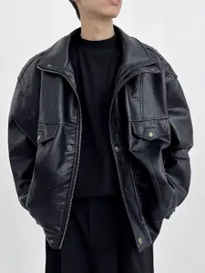 HERE&NOW Men Spread Collar Solid Leather Casual Leather Jacket