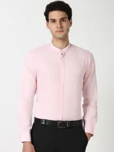 Peter England Men Band Collar Solid Cotton Slim Fit Formal Shirt