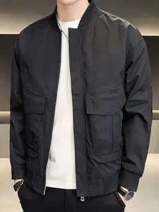 HERE&NOW Men Stand Collar Solid Casual Bomber Jacket