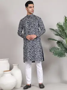 Majestic Man Tropical Printed Mandarin Collar Pure Cotton Straight Kurta