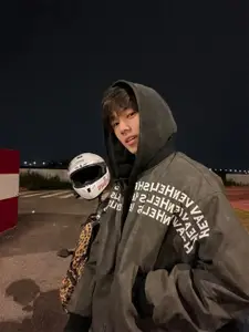 HERE&NOW Men Hooded Typography Printed Casual Bomber Jacket