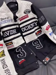 HERE&NOW Men Stand Collar Graphic Printed Casual Biker Jacket