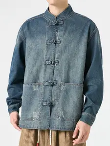 HERE&NOW Men Mandarin Collar Washed Self Design Casual Denim Jacket