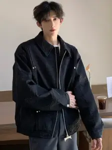 HERE&NOW Men Spread Collar Self Design Casual Bomber Jacket