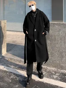 HERE&NOW Men Solid Notched Lapel Collar Long Sleeves Casual Overcoat