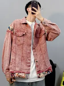HERE&NOW Men Spread Collar Washed Self Design Casual Denim Jacket