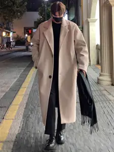 HERE&NOW Men Solid Notched Lapel Collar Casual Overcoat