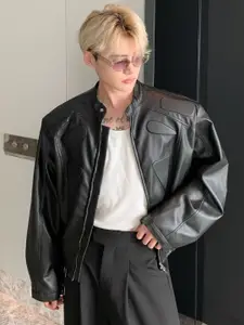 HERE&NOW Men Mandarin Collar Solid Leather Casual Leather Jacket