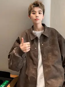 HERE&NOW Men Spread Collar Solid Leather Casual Leather Jacket