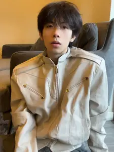 HERE&NOW Men Mandarin Collar Solid Leather Casual Leather Jacket