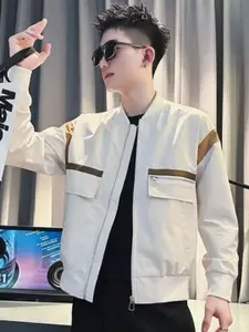 HERE&NOW Men Stand Collar Solid Casual Bomber Jacket