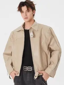 HERE&NOW Men Spread Collar Solid Leather Casual Leather Jacket