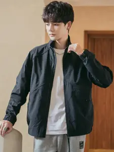 HERE&NOW Men Spread Collar Solid Casual Bomber Jacket