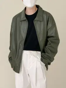 HERE&NOW Men Spread Collar Solid Leather Casual Leather Jacket