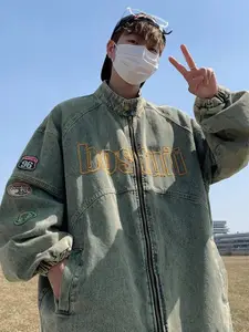 HERE&NOW Men Mandarin Collar Typography Embroidered Cotton Casual Denim Jacket