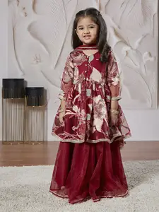 VASTRAMAY Girls Floral Printed Beads and Stones Ready to Wear Lehenga Set