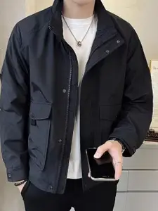 HERE&NOW Men Spread Collar Solid Casual Bomber Jacket