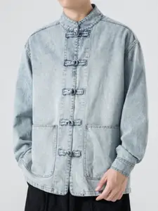 HERE&NOW Men Mandarin Collar Washed Self Design Casual Denim Jacket