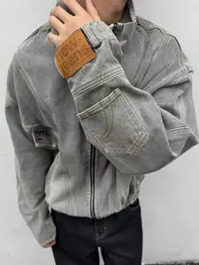 HERE&NOW Men Mock Collar Solid Casual Denim Jacket